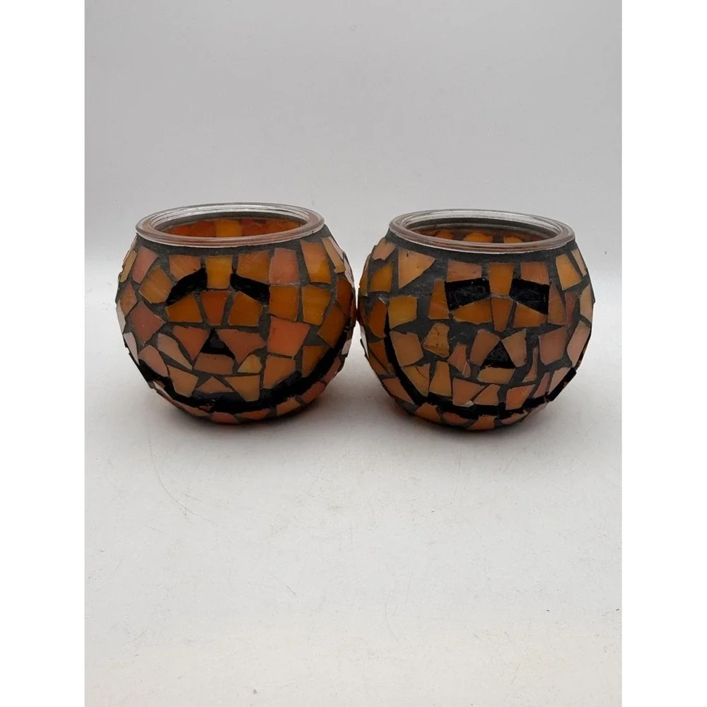 Set of 2 Mosaic Glass Pumpkin Jack O Lantern Tealight Candle Holders Halloween